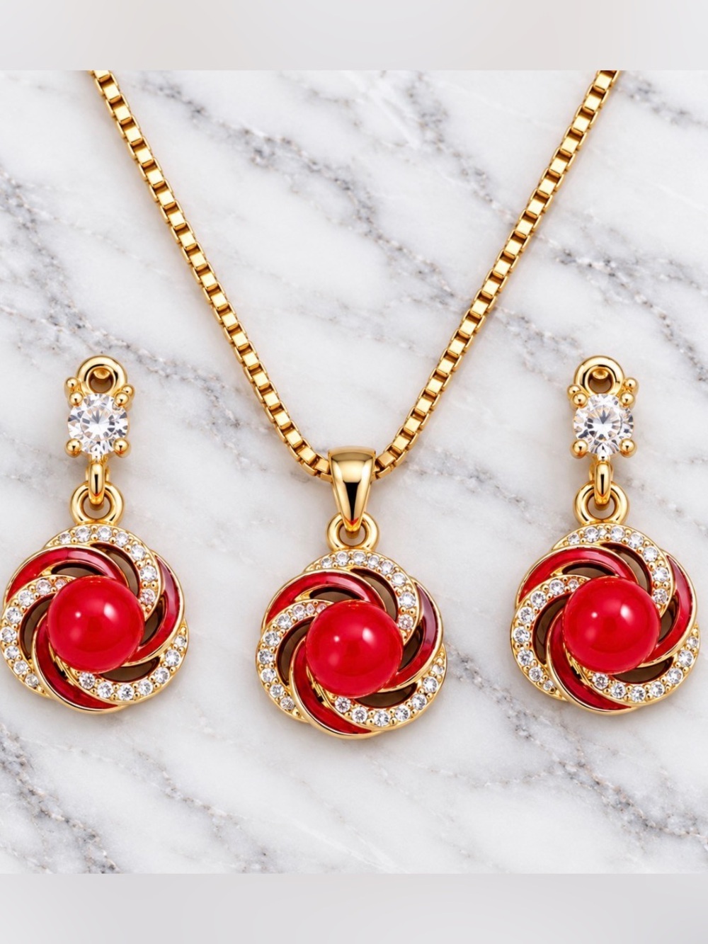 Gold-Tone Red Stone Center Pendant Necklace & Earrings Set